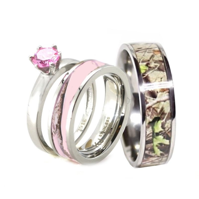 Camo Wedding Rings Sets
 HIS & HER Pink Camo Band Engagement Wedding Ring Set