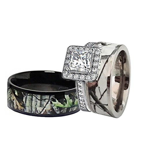 Camo Wedding Rings Sets
 His & Hers Black & White Titanium Camo Sterling Silver