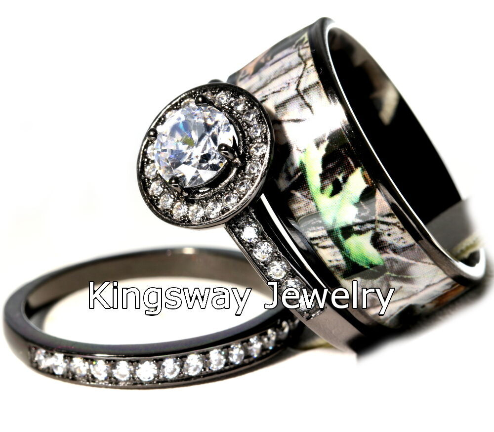 Camo Wedding Rings Sets
 Hers 3 piece Titanium Camo 925 STERLING SILVER Engagement