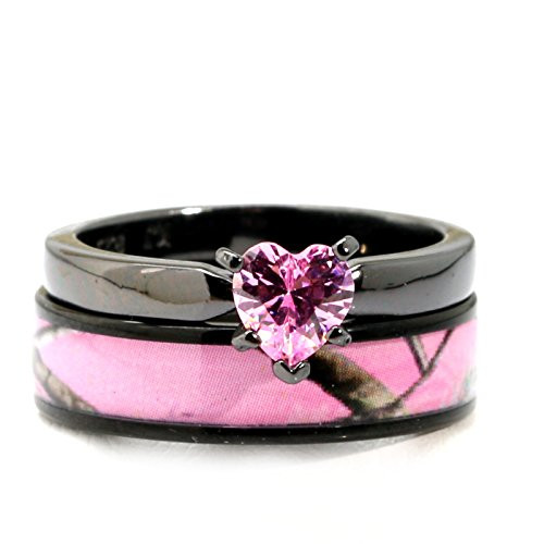 Camouflage Wedding Ring Sets
 Black Plated Pink Camo Titanium and Sterling Silver Heart