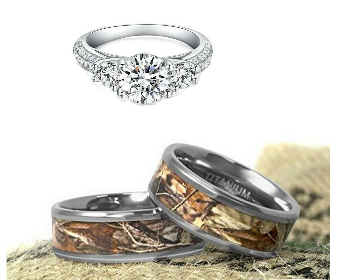 Camouflage Wedding Ring Sets
 HIS AND HER TITANIUM CAMO BROWN CZ WEDDING ENGAGEMENT RING