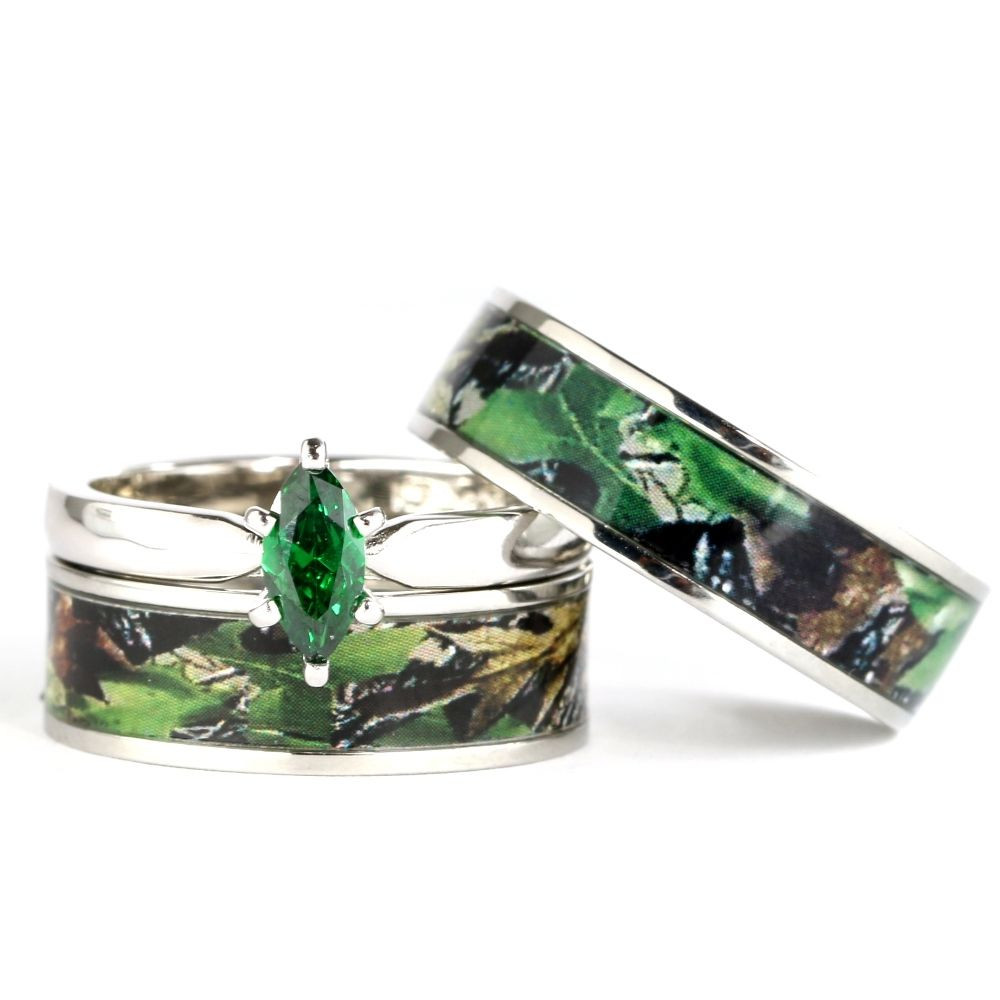 Camouflage Wedding Ring Sets
 His & Hers Camo Green Marquis Stainless Steel & Sterling