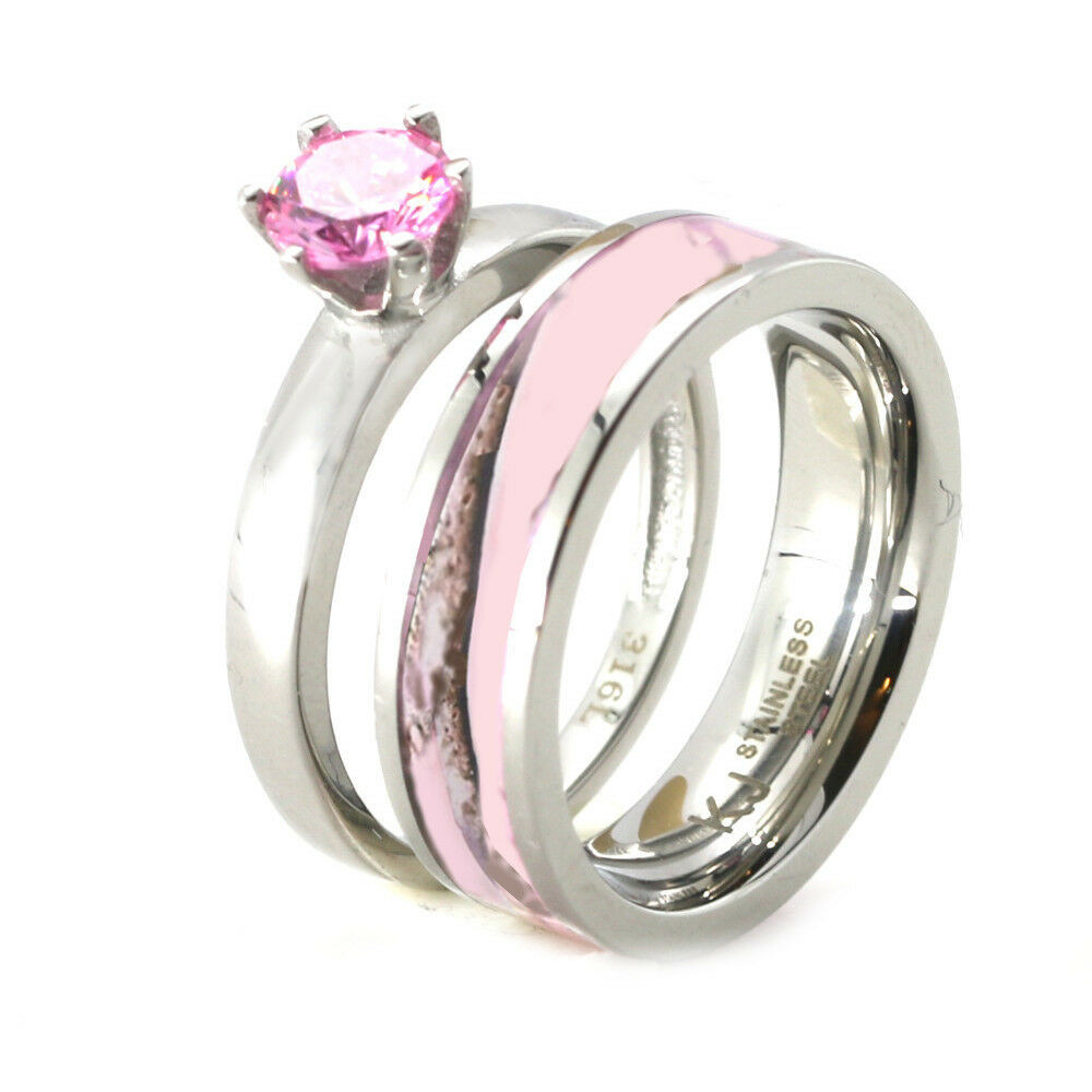 Camouflage Wedding Ring Sets
 Womens Pink Camo Engagement Wedding Ring Set Stainless