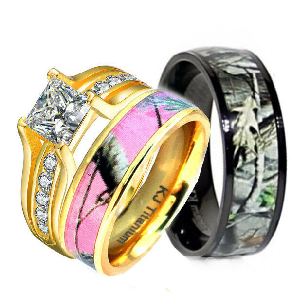 Camouflage Wedding Ring Sets
 His & Hers 3 pcs Pink Camo 14K Gold Plated Silver