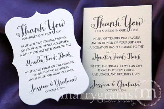 Charity Wedding Favors
 In Lieu of Favors Wedding Favor Donation Cards Reception