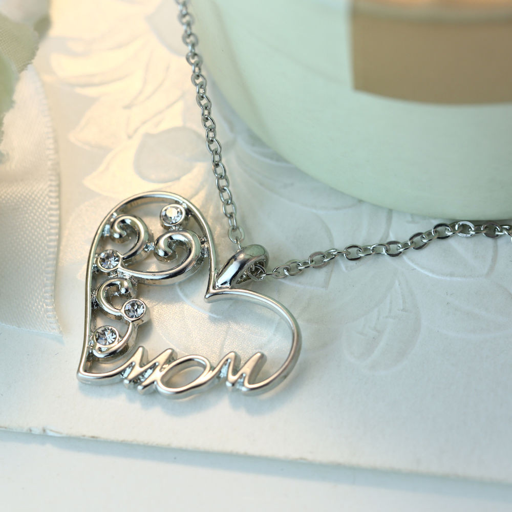 Charm Necklace For Mom
 "Mom" Charm Silver Rhinestone Heart Pendant Necklace Love