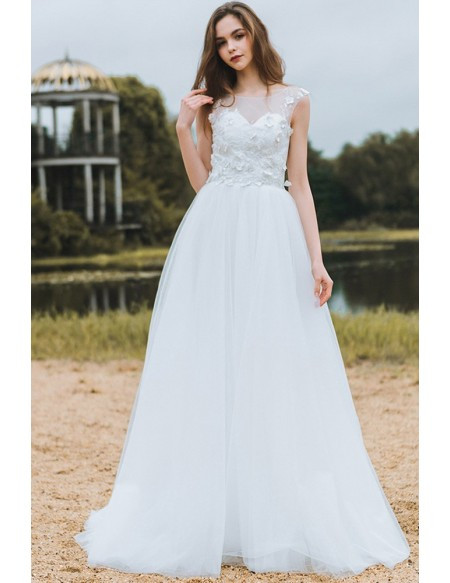 Cheap Boho Wedding Dresses
 Modest Lace A Line Beach Wedding Dress Cheap Boho Cap