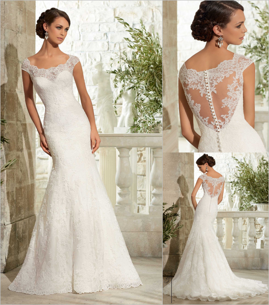 Cheap Lace Wedding Dress
 Romantic Lace Mermaid Wedding Dresses 2015 Cap Sleeve