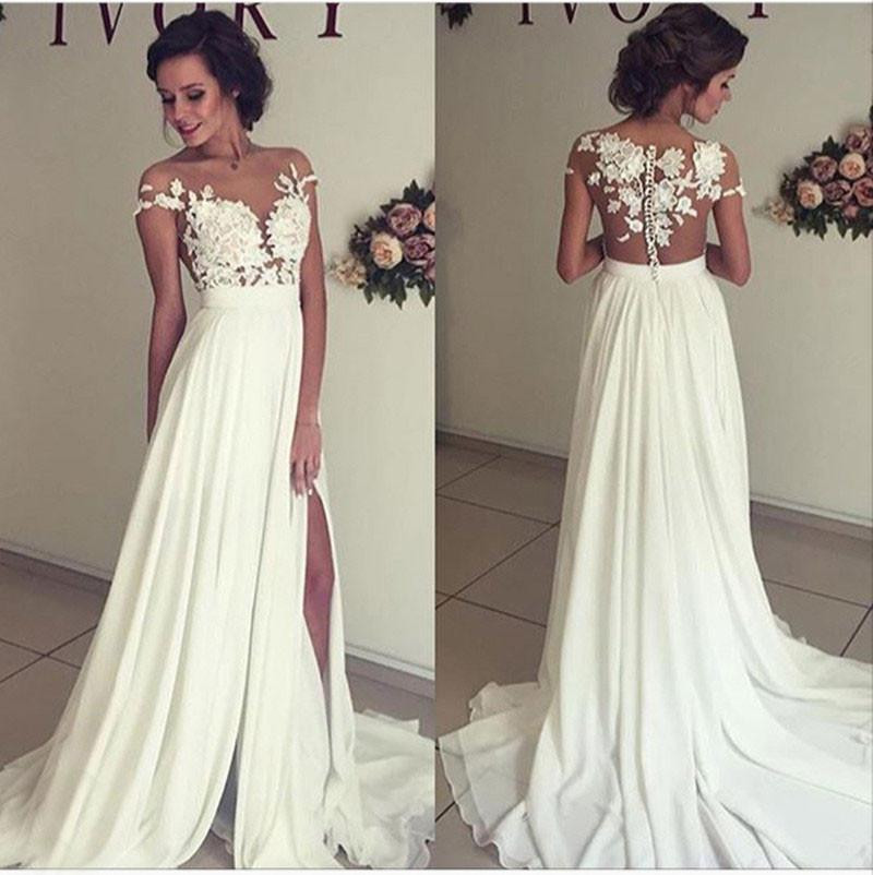 Cheap Lace Wedding Dress
 Ivory Chiffon Lace Elegant Long Wedding Dresses Cheap A