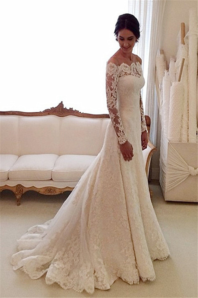 Cheap Lace Wedding Dress
 White f the shoulder Lace Long Sleeve Bridal Gowns