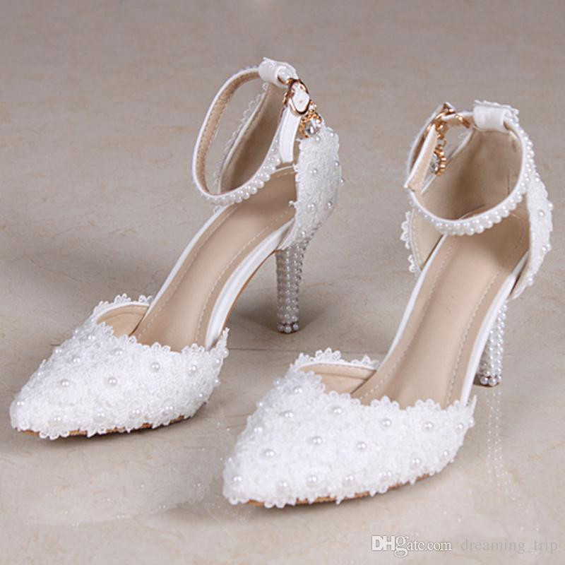 Cheap Wedding Shoes Online
 White Lace Pearls Cheap Wedding Shoes With Buckle Strap