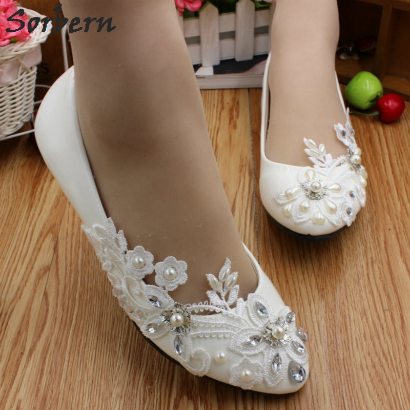 Cheap White Wedding Shoes
 Sorbern Cheap Crystal Wedding Shoes Lace Appliques White