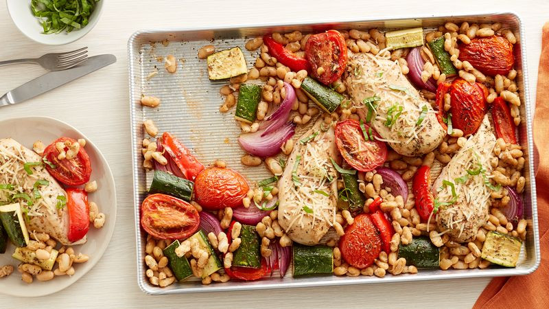 Chicken Sheet Pan Dinners
 Tuscan Chicken Breasts and Ve ables Sheet Pan Dinner