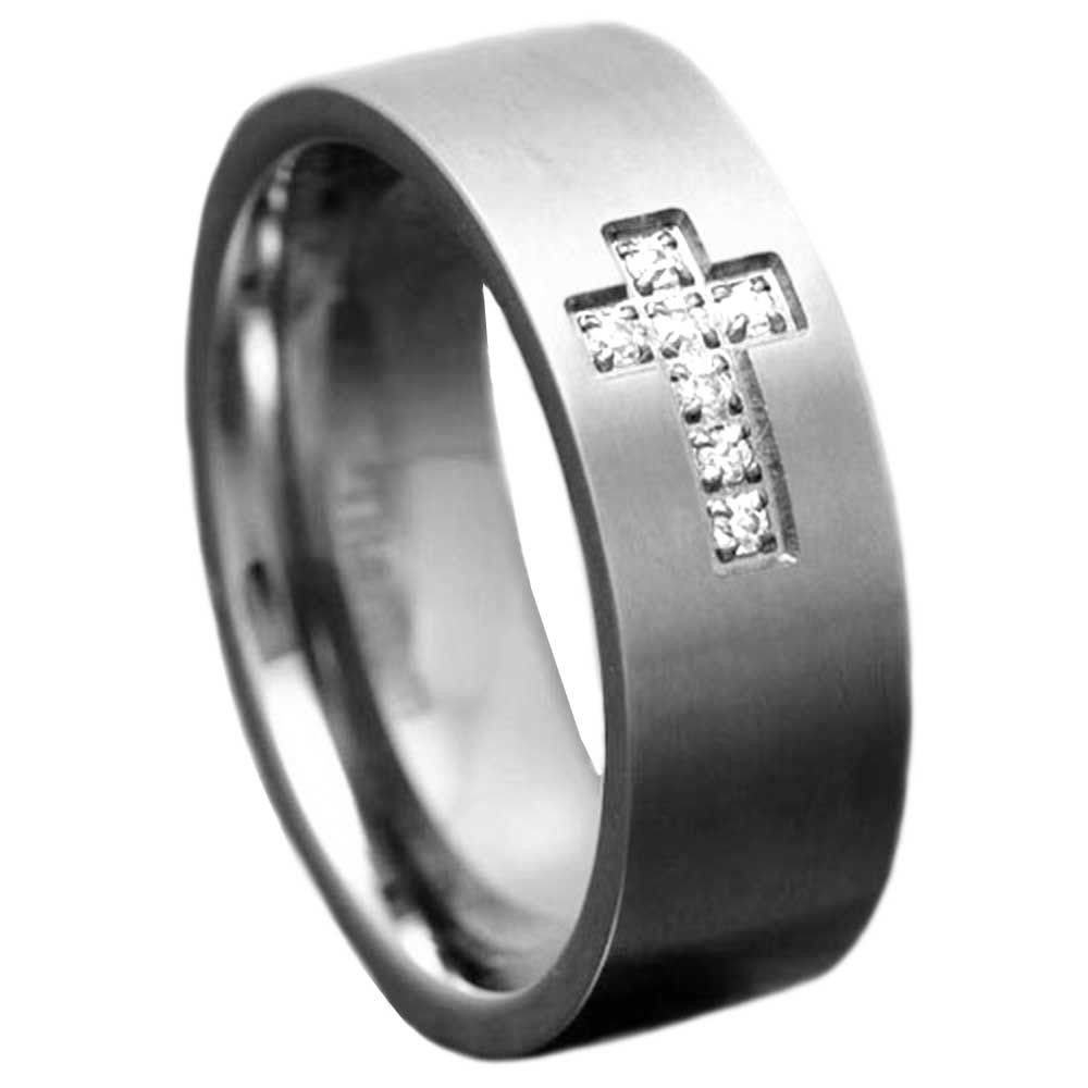 Christian Wedding Rings
 8mm Titanium Satin Top Cubic Zirconia Christian Cross Men