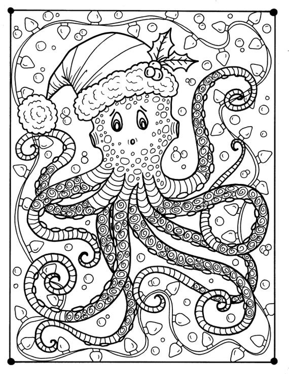 Christmas Adult Coloring Pages
 Octopus Christmas Coloring page Adult color Holidays beach