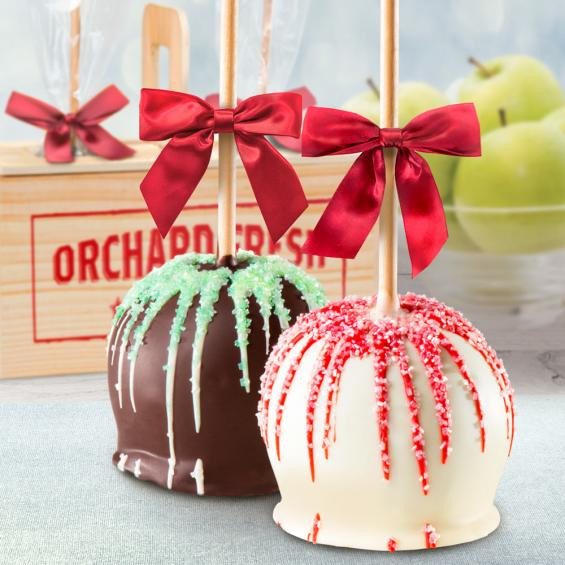 Christmas Caramel Apples
 Holiday Chocolate Covered Caramel Apples Pair in a Wooden