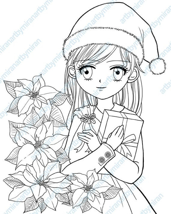 Christmas Coloring Pages For Girls
 Christmas Digital Stamp Poinsettia and Girl Coloring page