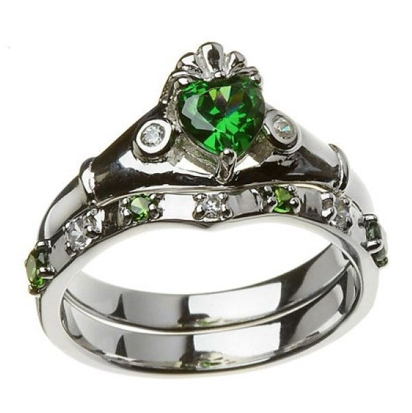 Claddagh Wedding Ring Set
 Sterling Silver La s Green & White CZ Claddagh Wedding