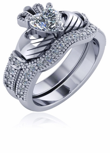 Claddagh Wedding Ring Set
 1 Carat Heart Claddagh Pave Cubic Zirconia Engagement Ring