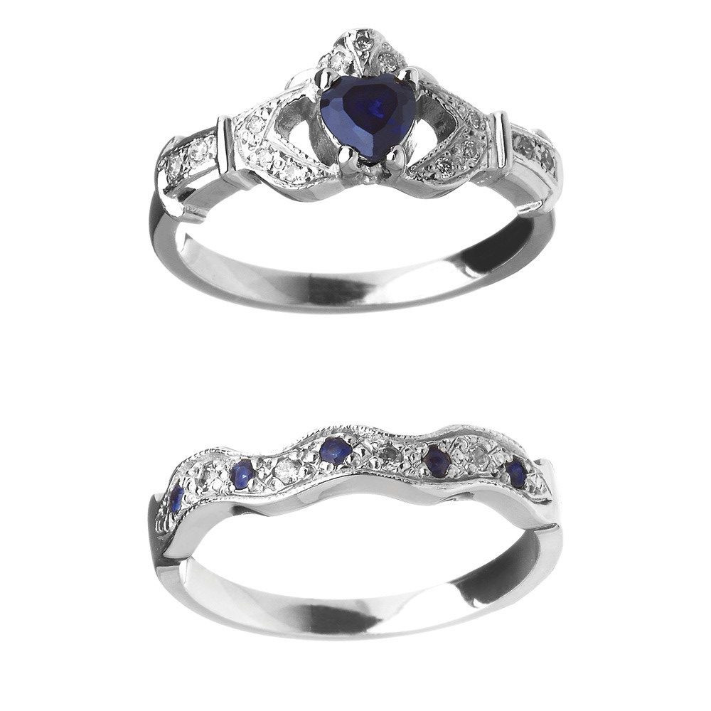 Claddagh Wedding Ring Set
 14K Sapphire & Diamond Claddagh Engagement & Wedding Ring
