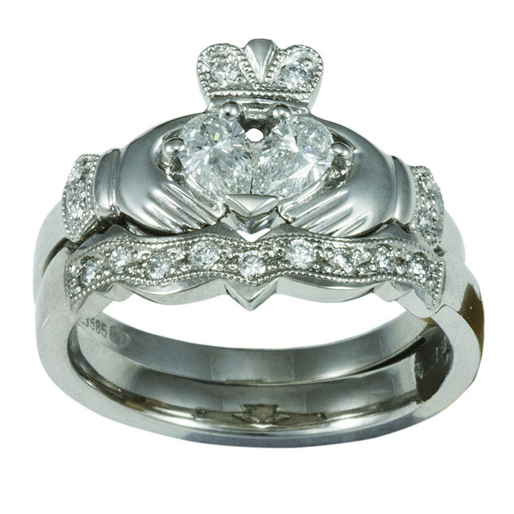 Claddagh Wedding Ring Set
 14k White Gold Claddagh Diamond Engagement Ring & Wedding