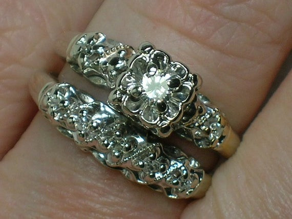 Classic Wedding Rings
 Vintage Wedding Ring Set Ornate 1940s White Gold Illusion