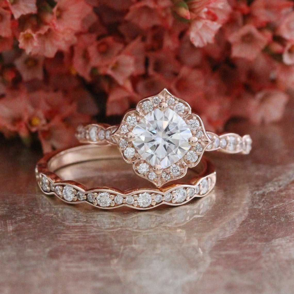 Classic Wedding Rings
 Forever e Moissanite Engagement Ring and Scalloped Diamond