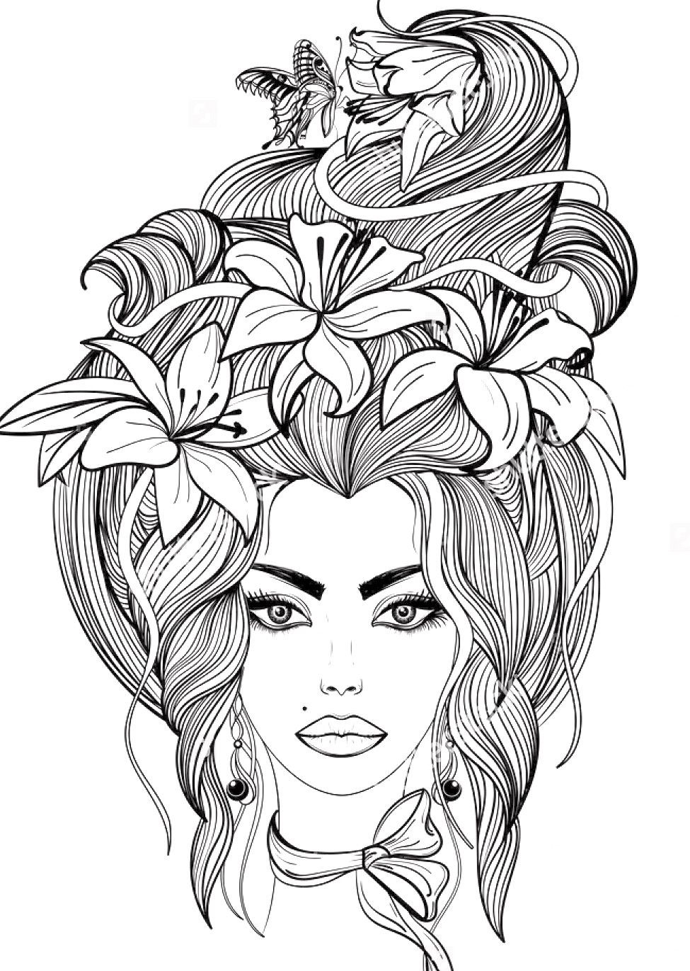 Coloring Pages For Adults Girls
 Portrait of a girl with lily flowers and butterfly in her