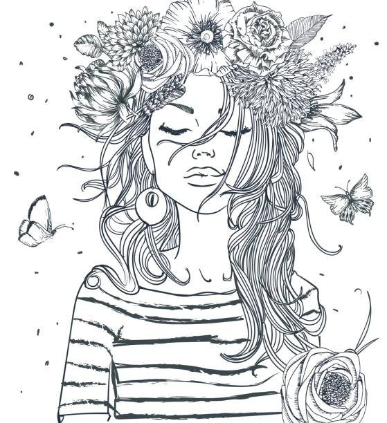 Coloring Pages For Girls Flowers
 Best Teenage Girls Illustrations Royalty Free Vector