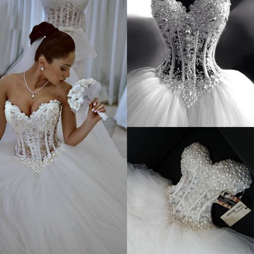 Corset Wedding Dress
 Sparkly Ball Gown Corset Wedding Dress Pearls Sweetheart