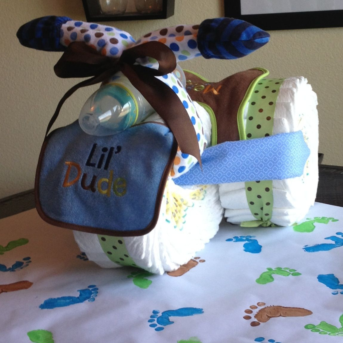 Crafty Baby Shower Gift Ideas
 Hand crafted t wrap and diaper trike for baby shower