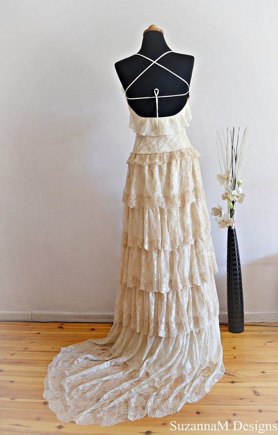 Cream Wedding Dresses
 Cream Lace Bohemian Wedding Dress Bridal by SuzannaMDesigns