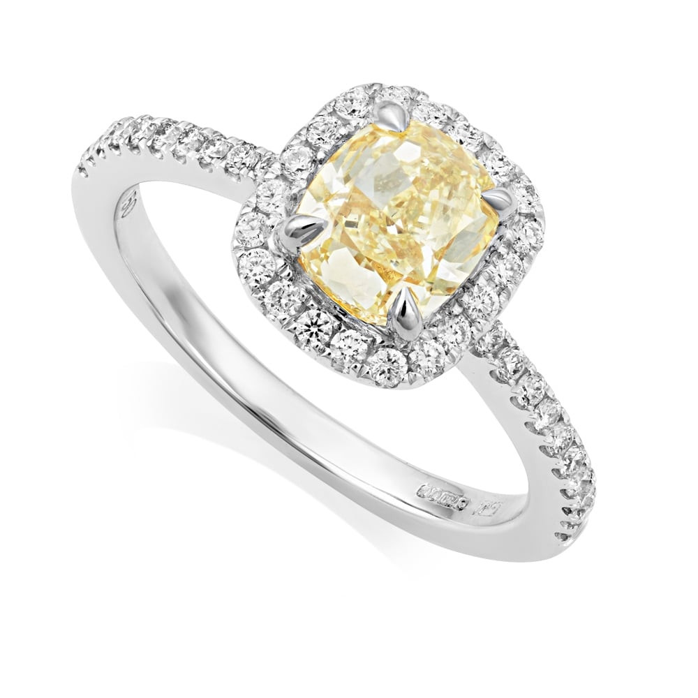 Cushion Cut Yellow Diamond Engagement Rings
 18ct White Gold Halo Set Cushion Cut Fancy Yellow Diamond Ring