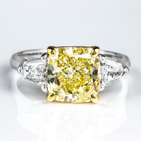 Cushion Cut Yellow Diamond Engagement Rings
 Cushion 3 Stone Fancy Yellow Diamond Engagement Ring 3 76