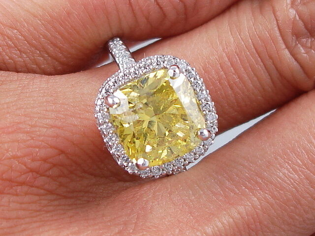 Cushion Cut Yellow Diamond Engagement Rings
 5 68 CARATS TW CUSHION CUT DIAMOND ENGAGEMENT RING VIVID