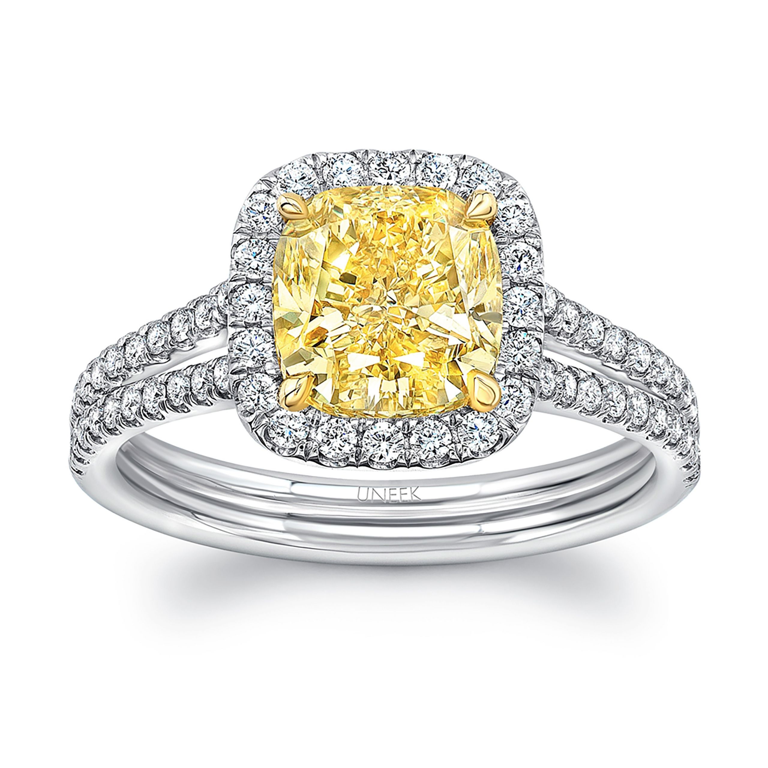 Cushion Cut Yellow Diamond Engagement Rings
 Uneek Cushion Cut Yellow Diamond Halo Engagement Ring with