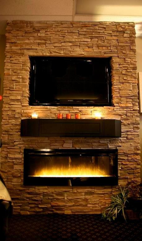 Custom Electric Fireplace
 Stone wall with custom shelf – The Electric Fireplace Shop