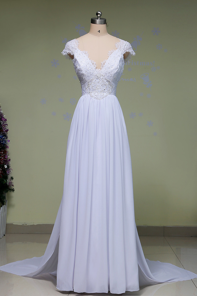 Deep V Wedding Dress
 High Fashion Deep V Neck Bridal Gowns Cap Sleeve Appliques Bow Back Vintage Wedding Dress 2015