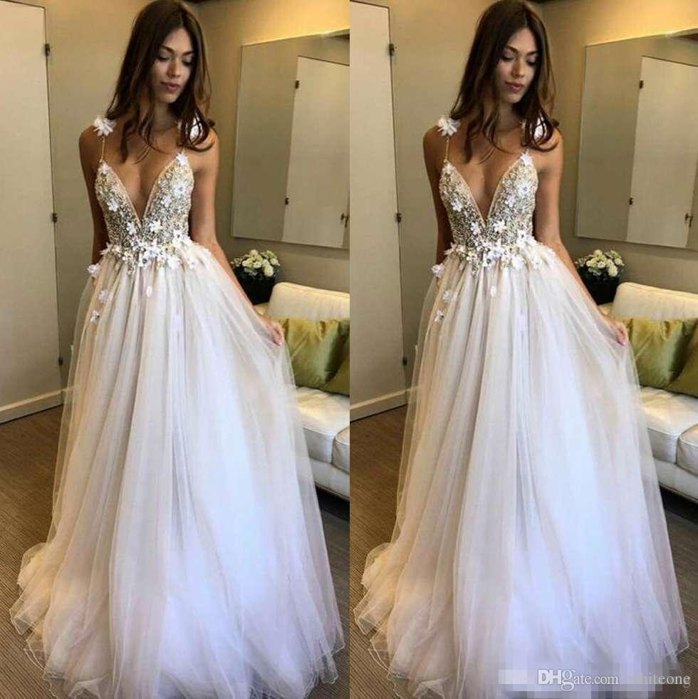 Deep V Wedding Dress
 Discount Boho Beach Wedding Dresses 2017 A Line Deep V Neck Backless 3D Applique Beaded Berta