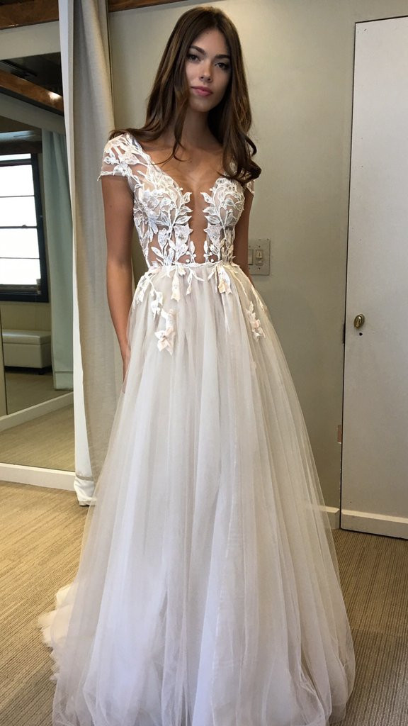 Deep V Wedding Dress
 Cap Sleeves Deep V neck Split Appliques Prom Dress Tulle Wedding Dress – Simibridaldress