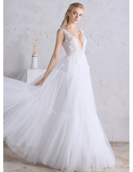 Deep V Wedding Dress
 y Deep V neck A line Long Tulle Boho Beach Wedding Dress Open Back DF24 $169 GemGrace