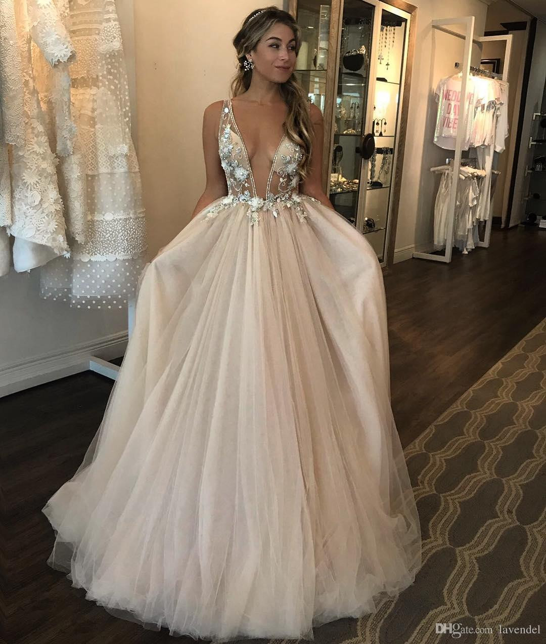 Deep V Wedding Dress
 Discount 2018 New Deep V Neck Puffy Tulle Wedding Dress 3D Floral Appliques Sheer Bodice Bridal