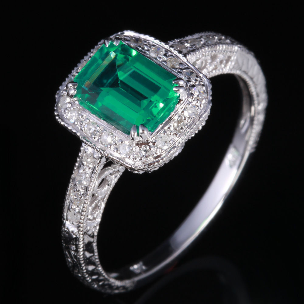 Diamond And Emerald Engagement Ring
 Sterling Silver Engagement Wedding Genuine Diamonds Ring