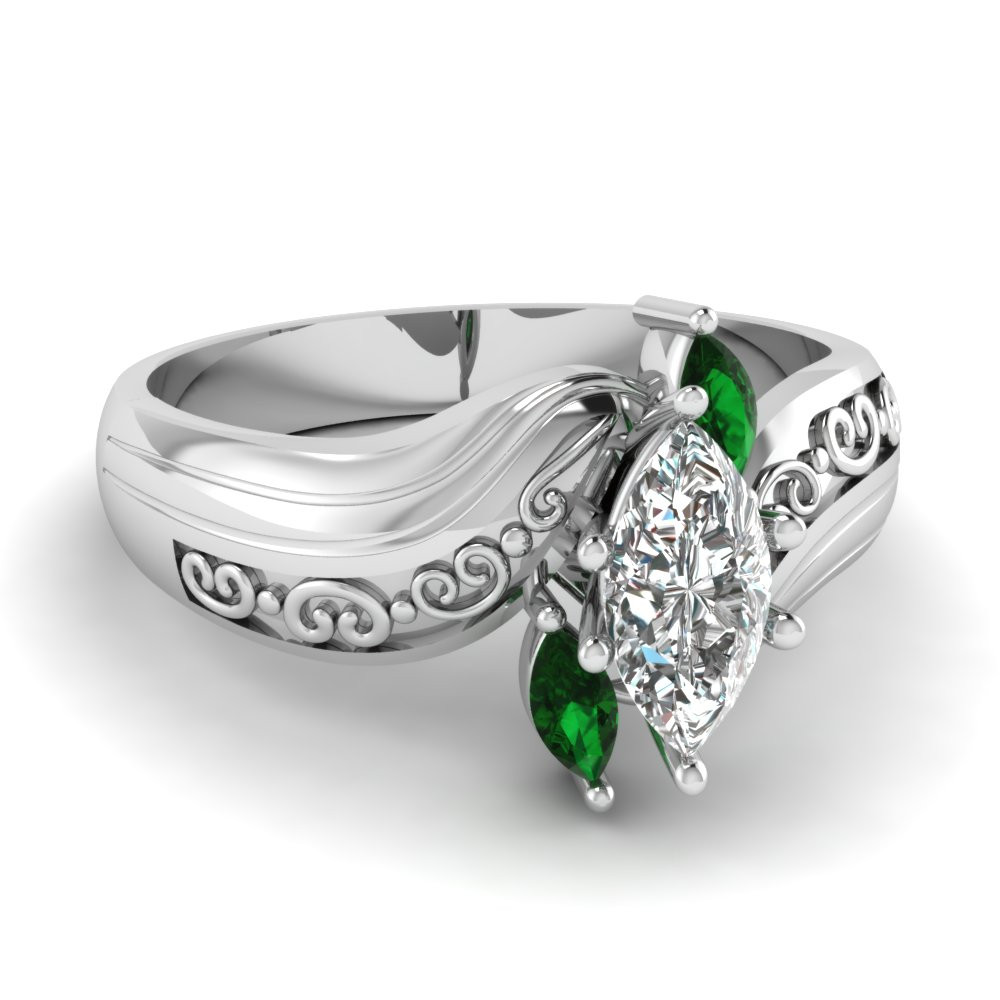 Diamond And Emerald Engagement Ring
 Marquise Three Diamond Engagement Ring With Emerald In 14K