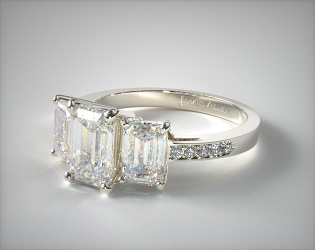 Diamond And Emerald Engagement Ring
 Three Stone Emerald and Pave Set Diamond Engagement Ring