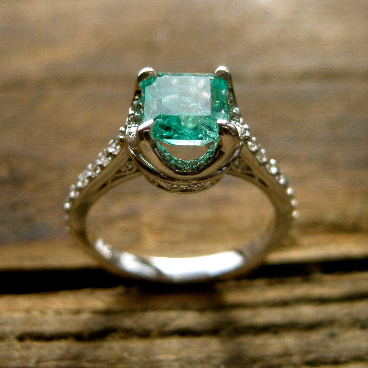 Diamond And Emerald Engagement Ring
 Colombian Emerald Engagement Ring in 14K White Gold with
