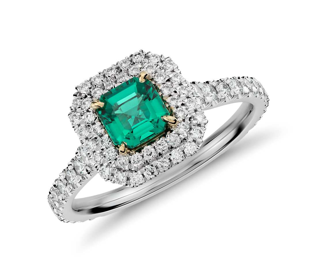 Diamond And Emerald Engagement Ring
 Emerald and Micropavé Diamond Double Halo Ring in 18k