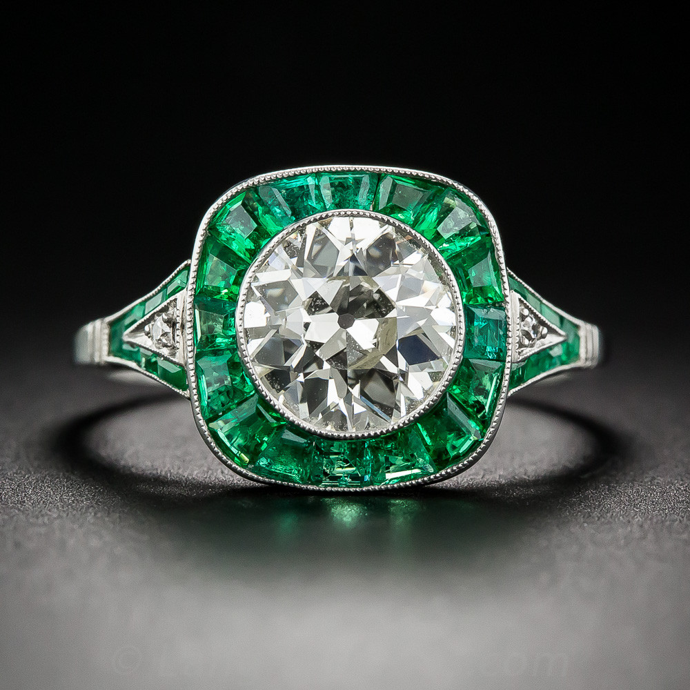 Diamond And Emerald Engagement Ring
 1 81 Carat Diamond and Emerald Art Deco Style Engagement Ring