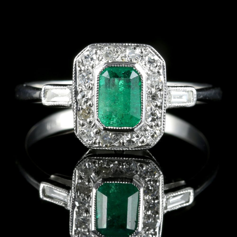 Diamond And Emerald Engagement Ring
 EMERALD DIAMOND DECO ENGAGEMENT RING 18CT WHITE GOLD