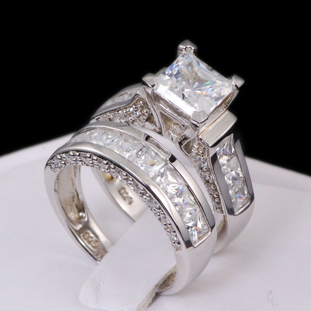 Diamond Bridal Ring Sets
 14k White Gold 925 Sterling Princess Diamond Cut